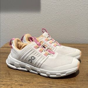 Little girls On Running Cloud Sneakers in White with Pink & Peach Accents